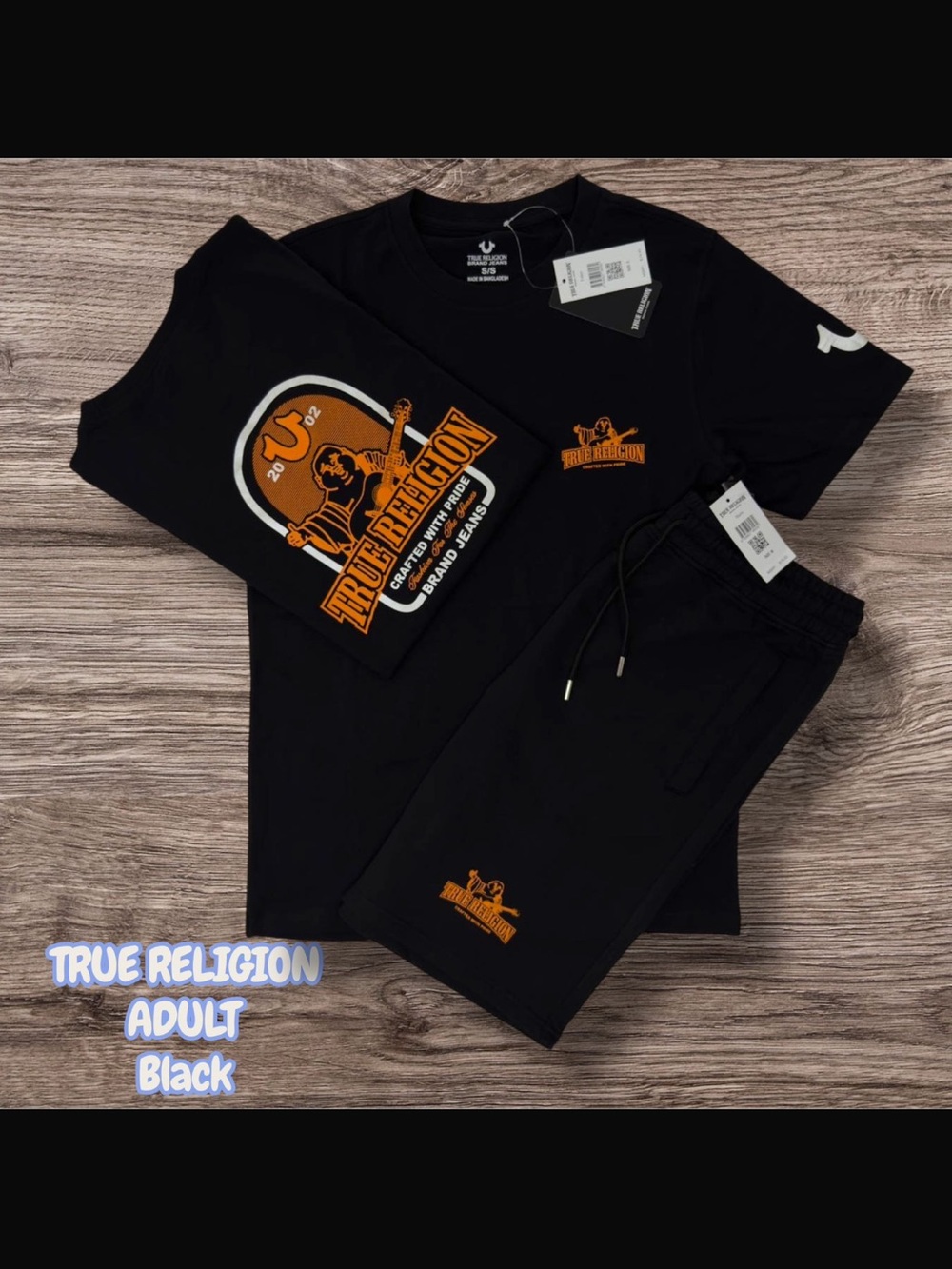 True Religion Black Tee and Shorts Set with Orange Logo